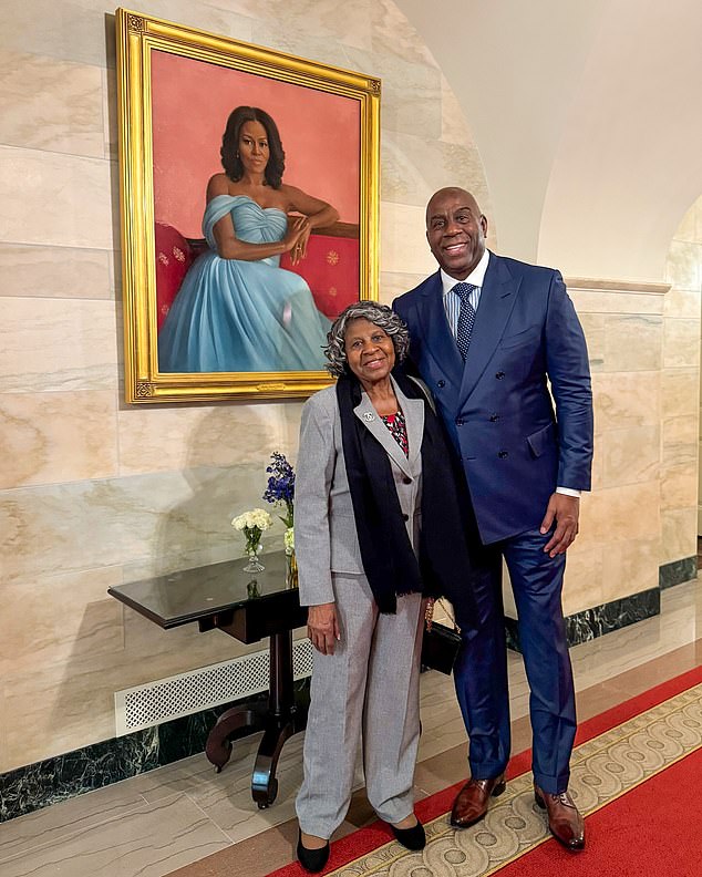 Johnson poses for a portrait of Michelle Obama with his mother Christine