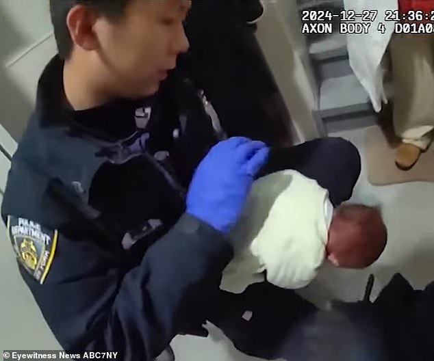 The incredible footage captured Officer Liu recalling his CPR and first aid training on a fake baby at the academy and repeatedly pushing on the baby girl's back to loosen the blockage.