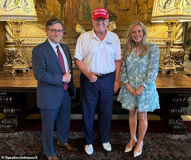 Speaker Mike Johnson and his wife Kelly Johnson with Trump at Mar-a-Lago in September