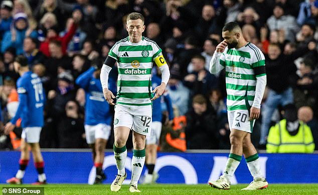 Captain Callum McGregor grimaces as Celtic suffer during their 3-0 defeat at Ibrox