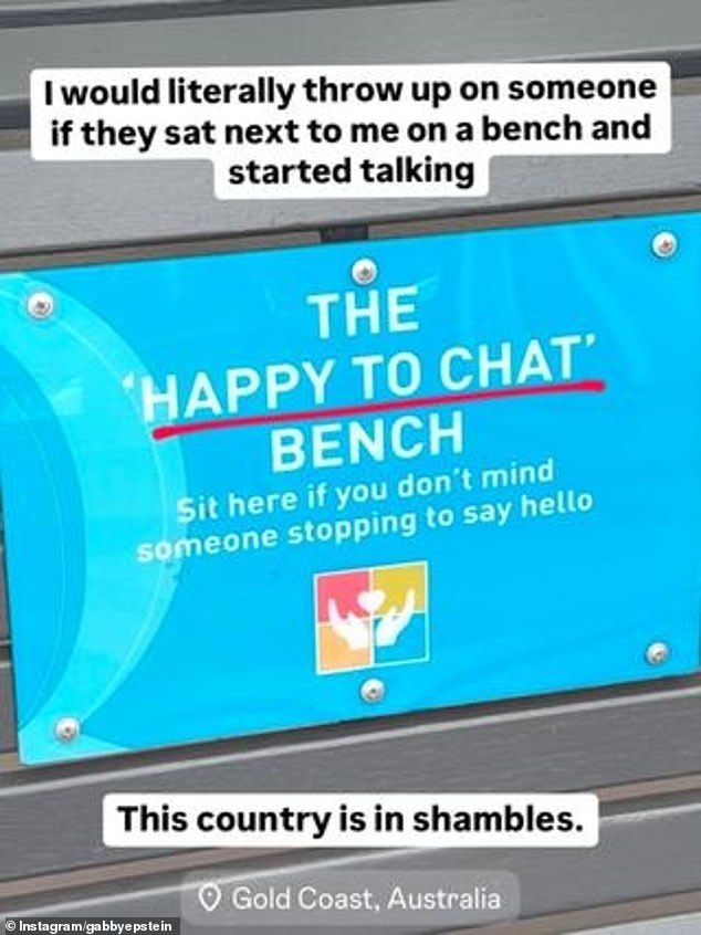 The Australian model posted an image to her stories of a 'happy to chat bench' she found on the Gold Coast that encourages people to sit and chat with strangers