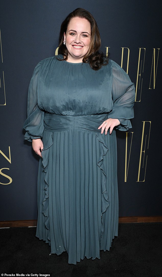 Actress Jessica Gunning looked fantastic in a green dress with accordion pleats