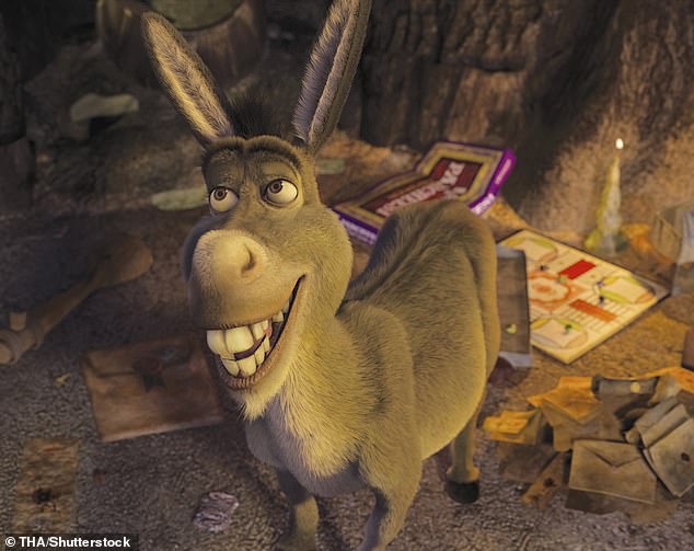 Jenny Kiratli, the donkey's handler, told Palo Alto Online that Perry has an unlikely connection beyond his hometown to one of Hollywood's most famous film franchises: Shrek, where he was the inspiration behind the character Donkey (pictured)