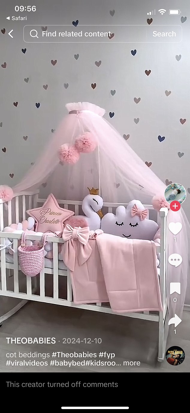 A TikTok post with a crib decorated with a pink canopy and matching pillows and throws