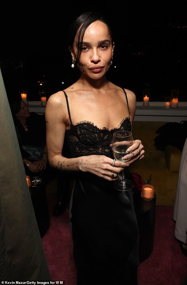 Zoe Kravitz, 36, also looked stunning in a black lace and silk dress as she enjoyed a glass of wine at the party following her split from fiancé Channing Tatum