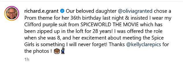 Richard E. Grant, 67, got into the party spirit to celebrate his daughter Olivia's 36th birthday on Sunday, wearing a purple black-and-white suit he last wore almost 30 years ago for the Spice Girls film Spice World