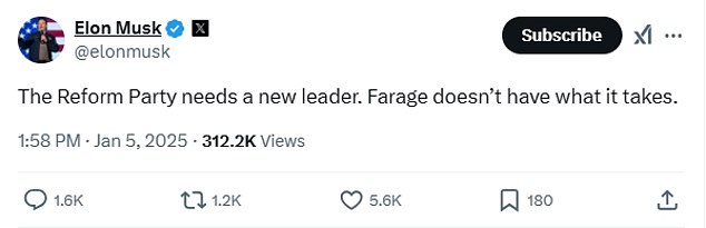 1736087439 354 Elon Musk turns on Nigel Farage saying he should be