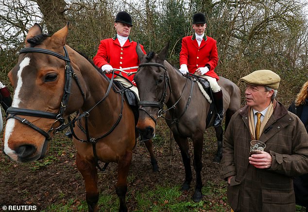 The reform leader told the BBC: 'He might give us money. “Whether he does that or not, I think what he's giving us in large numbers of young people is making us look cool.” Farage is pictured with the Old Surrey, Burstow and West Kent Hunt on Boxing Day.