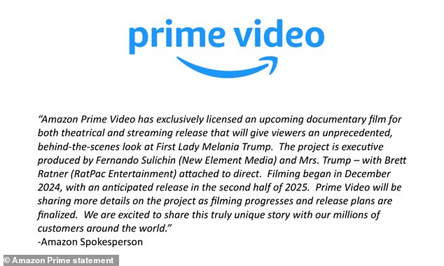 1736089361 202 First Lady Melania Trump signs Amazon movie deal as Jeff