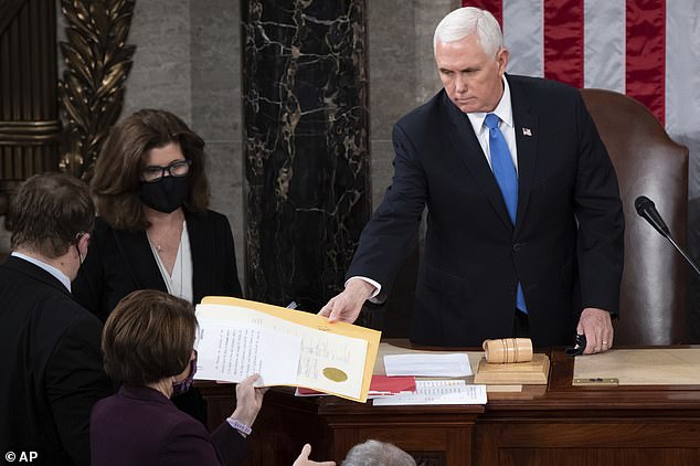 Vice President Mike Pence on January 6, 2021, as he presided over a joint session of Congress before lawmakers were evacuated as a mob attacked the Capitol. The session reconvened later that evening to declare Joe Biden the winner of the 2020 election