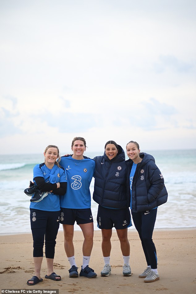 Kerr enjoyed a trip to the beach with her teammates and appeared to be moving well as she ran up and down the field with the soccer ball during training