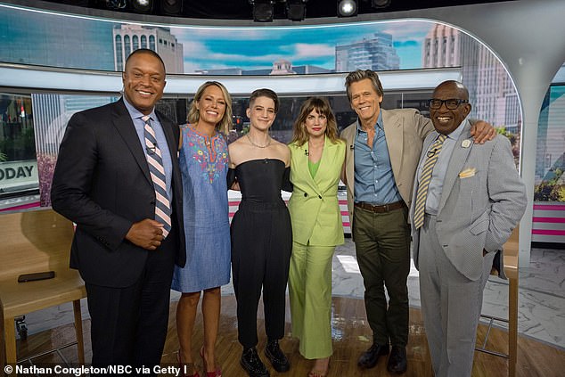 They're seen here on the set of the Today show in 2022, alongside They/Them co-stars Anna Chlumsky and Kevin Bacon