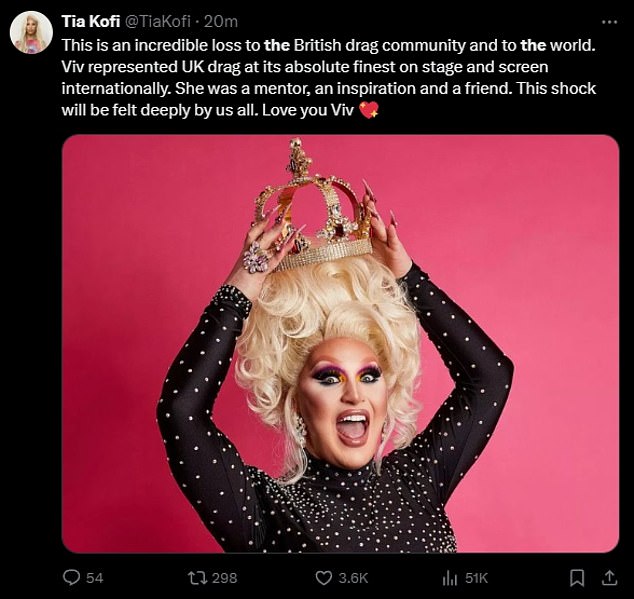 while Drag Race UK vs The World winner Tia Kofi writes: 'This is an incredible loss for the British drag community and for the world'