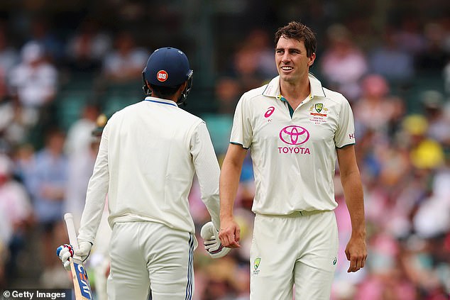 After struggling badly with the bat during the series, it seems likely Kohli has played his final Test in Australia - and Pat Cummins (pictured with Kohli during the Sydney match) thinks cricket will be worse off for his absence