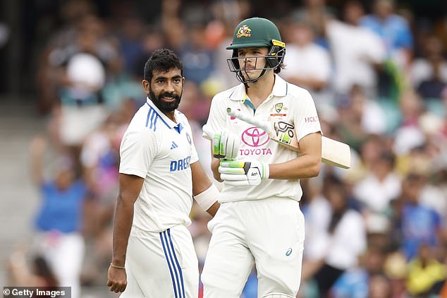 Indian star Jasprit Bumrah is pictured sharing some heated words with Konstas after the Aussie lost his wicket at the SCG