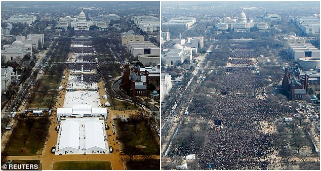 It's likely that more people will come to Trump's inauguration than in 2017 (left). Trump made a big comment about the size of his inaugural crowd, forcing press secretary Sean Spicer to say he had bigger numbers than President Barack Obama did in 2009 (right)