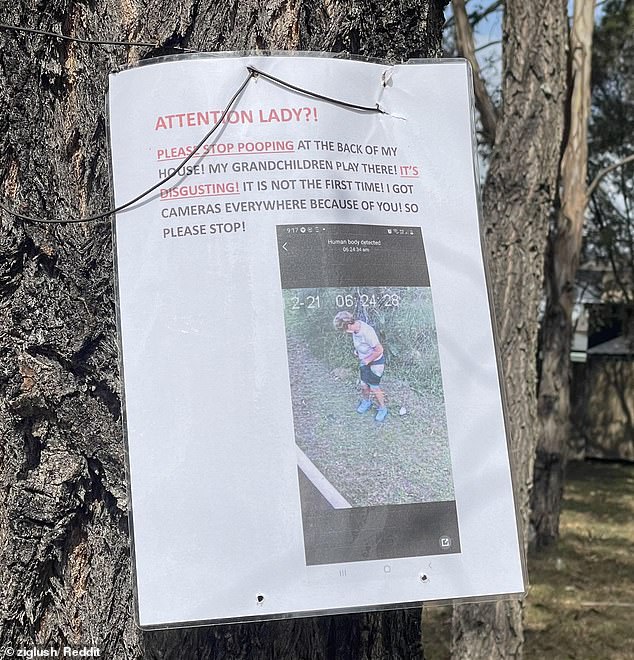 The angry homeowner posted a message on a tree outside their home with a photo and a message addressed to the 'phantom pooper'