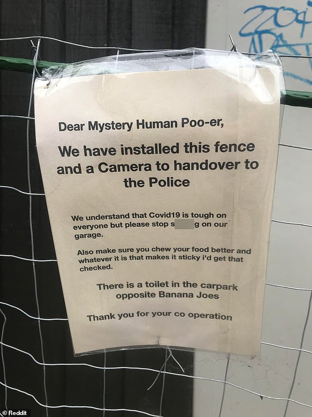 The message a Marrickville homeowner leaves on a fence outside his garage to prevent a mysterious person from pooping on his property