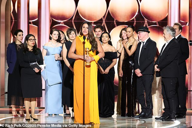 The former ballerina took to the stage for the third time with the rest of the cast and crew when Emilia Pérez was named best film (musical/comedy)