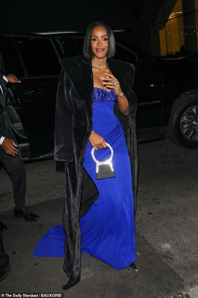 Speaking of which, UTA client Kelly Rowland arrived at the afterparty in a blue, cleavage-boosting dress under a black faux fur coat selected by stylist Wilford Lenov.