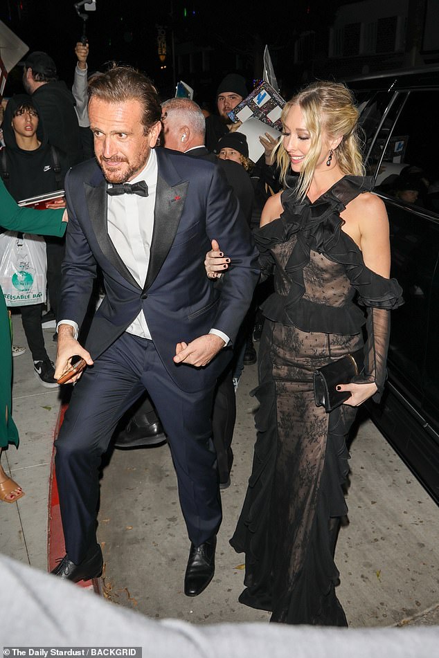 UTA customer Jason Segel arrived at the afterparty with his girlfriend Kayla Radomski after losing Best Actor in a TV Series (Musical/Comedy) for his role in the Apple TV+ series Shrinking