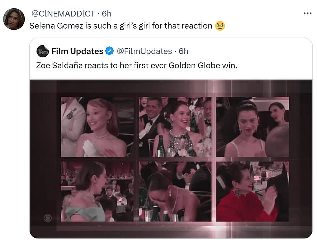 @ClNEMADDlCT tweeted: 'Selena Gomez is such a girly girl because of that reaction' to a quote retweet of the video of Zoe winning and Selena reacting