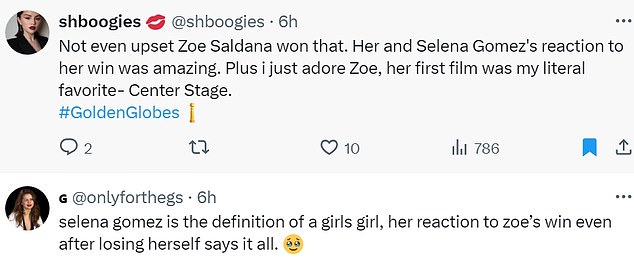 Another fan, @shboogies, added, “Zoe Saldana didn't even win an upset. Her and Selena Gomez's reaction to her win was amazing. Plus I love Zoe, her first movie was my literal favorite: Center Stage'