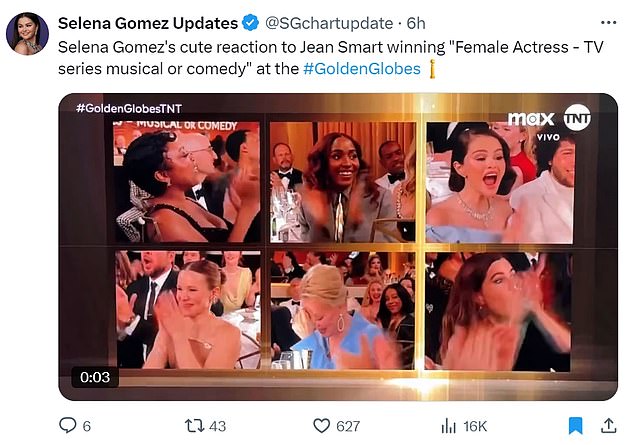 “Selena Gomez's adorable reaction to Jean Smart's win "Female actress - TV series, musical or comedy" at the #GoldenGlobes,” she said