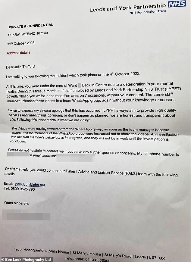 Pictured: A letter Julie received from the NHS about filming without her consent