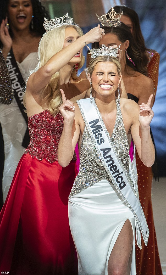 Madison Marsh crowns an emotional Abbie Stockard, Miss Alabama 2024, as Miss America 2025 at the Walt Disney Theater in Orlando on January 5