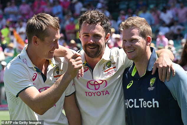 Head (centre) would strike back-to-back centuries in Adelaide and Brisbane and make a final score of 34 in Sydney to seal victory in the series