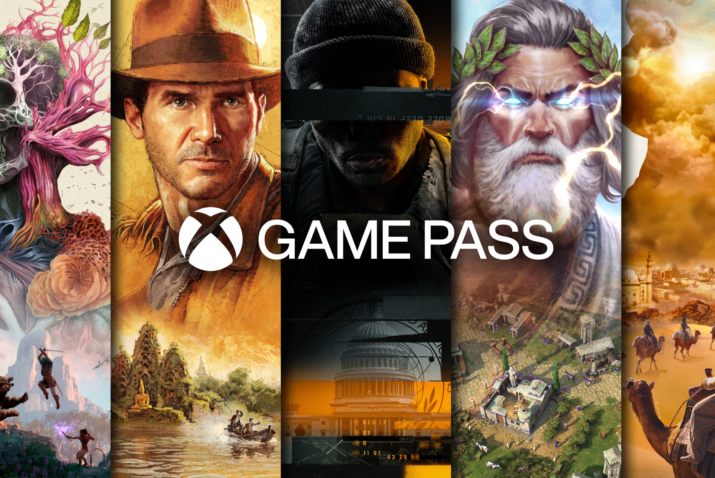 promotional art for Xbox Game Pass featuring five columns of artwork: from Avowed, Indiana Jones and the Great Circle, Call of Duty: Black Ops 6, Age of Mythology: Retold and Sid Meier's Civilization 7