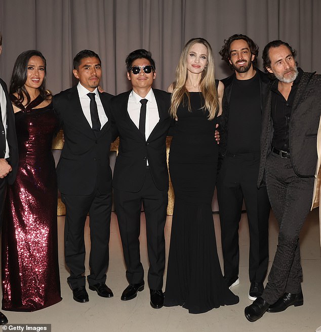 (L-R) Salma, Jorge Antonio Guerrero, Pax, Angelina, Patricio Josa, Demian Bichir at the premiere of Without Blood during the 2024 Toronto International Film Festival in September