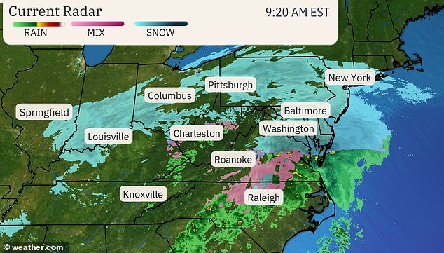 As of 9:20 a.m. ET Monday morning, Winter Storm Blair moved toward the mid-Atlantic states, bringing heavy snow