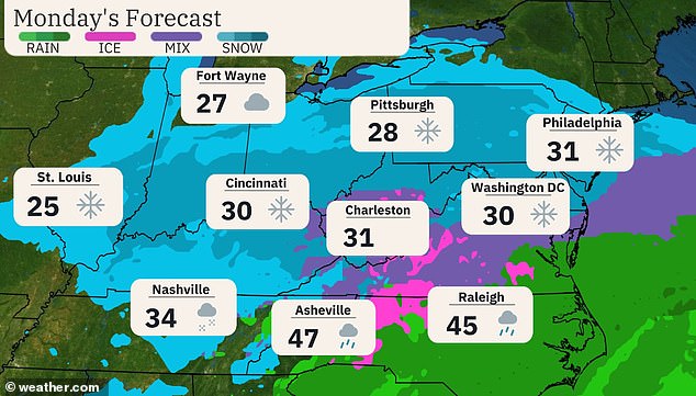 Snow, rain and a wintry mix will continue to fall along the East Coast through Monday