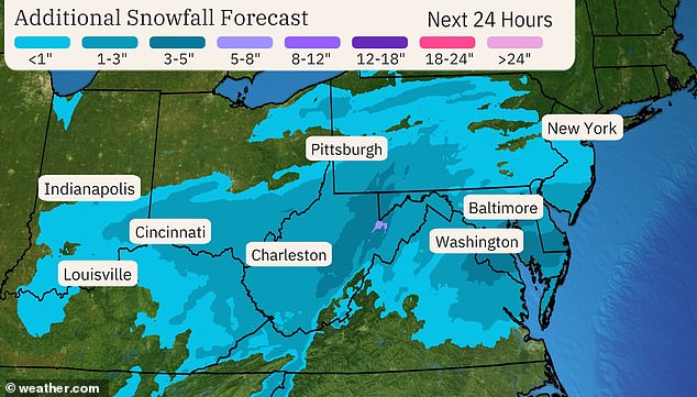 Over the next 24 hours, Blair will deliver 2 to 6 inches of additional snow to cities such as Indianapolis, Charleston and Washington DC