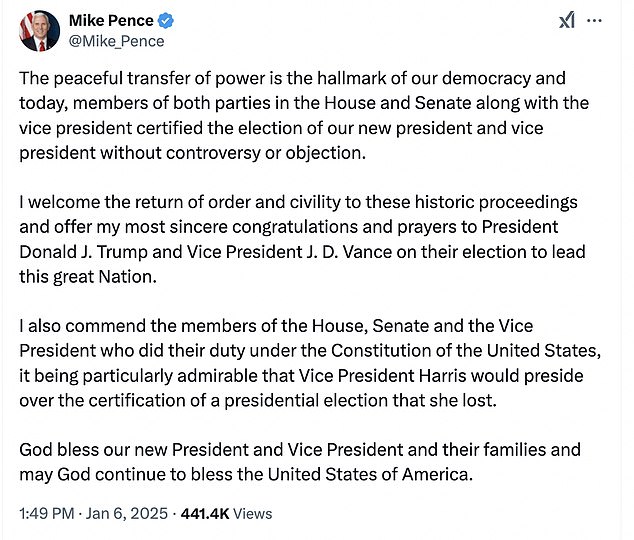 Former Vice President Mike Pence congratulated President-elect Donald Trump and the man who replaced him on the GOP ticket, Vice President-elect JD Vance, in a statement in which he also praised Democratic Vice President Kamala Harris for chairing the joint session