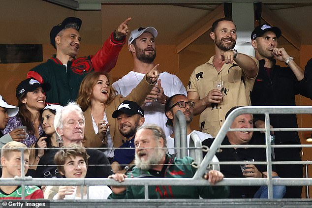 Crowe (pictured bottom center) has given the Rabbitohs a Hollywood touch and has convinced fellow movie stars such as Taika Waititi (top left), Chris Hemsworth (second from left), Elsa Pataky (left, middle row) and Isla Fischer (second from left) , middle row) to come to matches