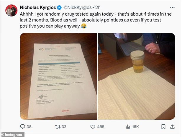 Kyrgios posted about his drug tests before deleting the post several hours later