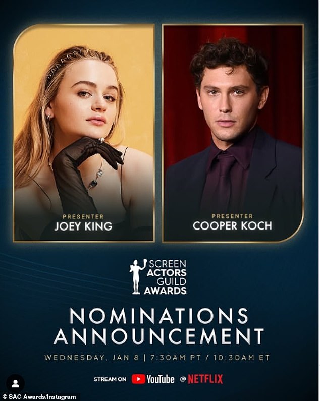 But the homeschooled millennial will likely get another chance to be double-nominated when Joey King and Cooper Koch announce the SAG Awards contenders on Netflix's YouTube channel Wednesday morning.