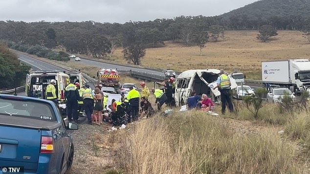 The driver was treated at the scene for minor injuries, while NSW Ambulance helicopters also responded to an adult and three children with serious injuries