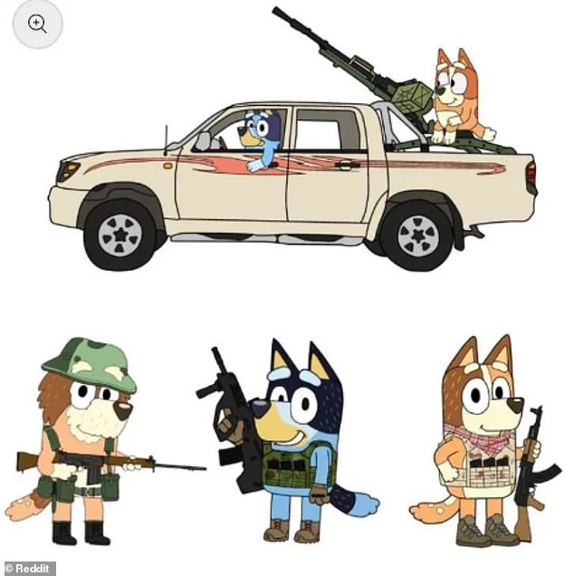 An Australian artist and online retailer has been criticized for selling stickers depicting the family from beloved children's show Bluey, carrying weapons and wearing tactical gear (pictured)