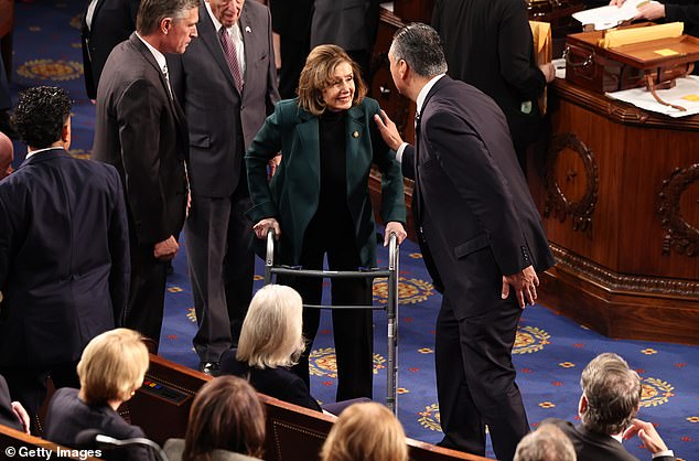 Former Speaker Pelosi was greeted by senators as she made her way through the House for the joint session of Congress. It was her second time back on the House floor since returning to Washington, and she used a walker to make her way around the chamber.