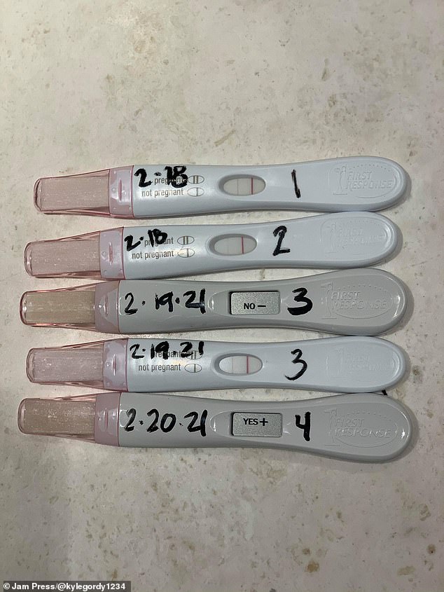 Pictured: Positive pregnancy tests from women who used Kyle as a donor