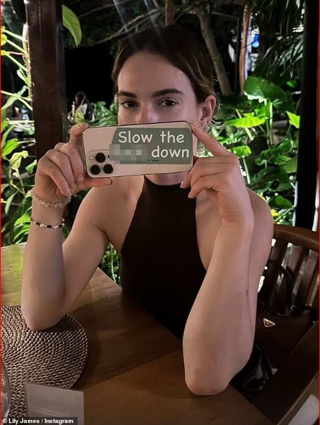 Lily's phone case featured the phrase 'Slow the f*** down' in one cheeky wink