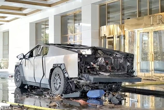 The remains of a Tesla Cybertruck that exploded in front of the Trump Hotel in Las Vegas