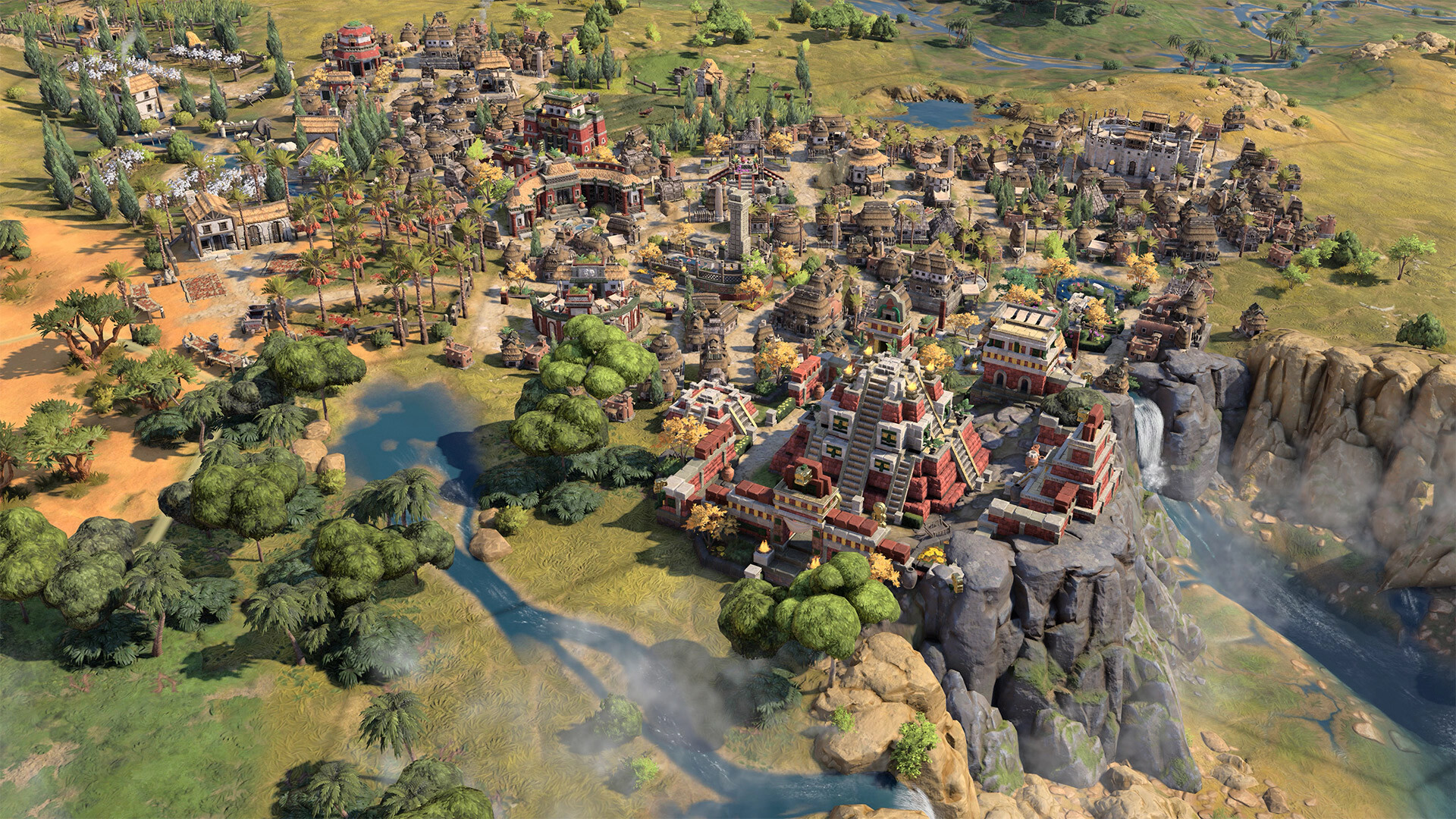 An isometric view of a Civ 7 civilization with pyramid-like stone structures