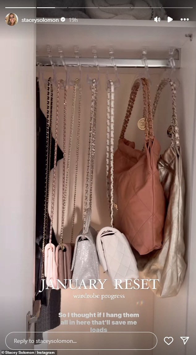 To make room for more space on her shelves, Stacey hung her handbags on a small hanger in her wardrobe - which ironically took up half the space.