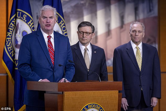 House Majority Whip Tom Emmer makes comments about the Laken Riley Act during a press conference on Tuesday. House Speaker Mike Johnson (C) said the House will vote Tuesday on the Laken Riley Act, a bill that would require the detention and deportation of undocumented immigrants who commit certain non-violent crimes, such as theft and shoplifting.