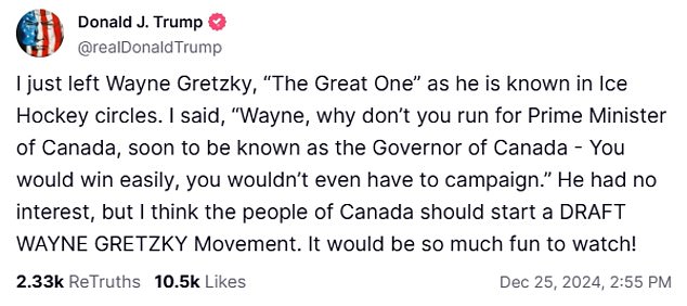 Trump previously mentioned Gretzky as a potential prime minister, while again suggesting Canada join the US